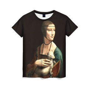 Женская футболка 3D с принтом Дама с горностаем в Белгороде, 100% полиэфир ( синтетическое хлопкоподобное полотно) | прямой крой, круглый вырез горловины, длина до линии бедер | возрождение | горностаем | горностай | да винчи | дама | искусство | ласка | леонардо | о.м.с.к. | портрет