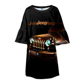 Детское платье 3D с принтом Jeep в Белгороде, 100% полиэстер | прямой силуэт, чуть расширенный к низу. Круглая горловина, на рукавах — воланы | Тематика изображения на принте: brand | car | chrysler | jeep | logo | usa | автомобиль | джип | крайслер | логотип | марка | сша