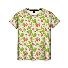 Женская футболка 3D с принтом Клубничка в Белгороде, 100% полиэфир ( синтетическое хлопкоподобное полотно) | прямой крой, круглый вырез горловины, длина до линии бедер | клубника | орнамент | природа | пчела | узор | цветы | ягода