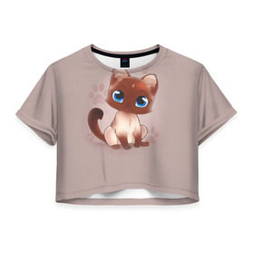 Женская футболка 3D укороченная с принтом Киска в Белгороде, 100% полиэстер | круглая горловина, длина футболки до линии талии, рукава с отворотами | взгляд | глаза | киска | кот | котёнок | кошка | лапа | след | хвост