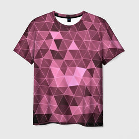 Мужская футболка 3D с принтом Розовые треугольники в Белгороде, 100% полиэфир | прямой крой, круглый вырез горловины, длина до линии бедер | abstract | gray | lowpoly | polygon | triangle | абстракция | геометрия | полигоны | треугольники