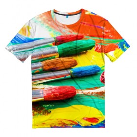 Мужская футболка 3D с принтом Кисти и краски в Белгороде, 100% полиэфир | прямой крой, круглый вырез горловины, длина до линии бедер | 