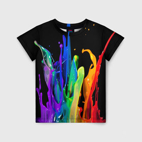 Детская футболка 3D с принтом Краски в Белгороде, 100% гипоаллергенный полиэфир | прямой крой, круглый вырез горловины, длина до линии бедер, чуть спущенное плечо, ткань немного тянется | background | black | bright | paint | rainbow | spectrum | splash | spray | брызги | всплеск | краски | радуга | спектр | фон | черный | яркие
