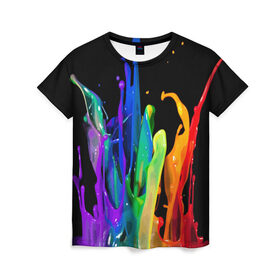 Женская футболка 3D с принтом Краски в Белгороде, 100% полиэфир ( синтетическое хлопкоподобное полотно) | прямой крой, круглый вырез горловины, длина до линии бедер | Тематика изображения на принте: background | black | bright | paint | rainbow | spectrum | splash | spray | брызги | всплеск | краски | радуга | спектр | фон | черный | яркие