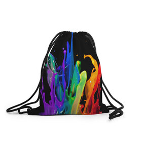 Рюкзак-мешок 3D с принтом Краски в Белгороде, 100% полиэстер | плотность ткани — 200 г/м2, размер — 35 х 45 см; лямки — толстые шнурки, застежка на шнуровке, без карманов и подкладки | Тематика изображения на принте: background | black | bright | paint | rainbow | spectrum | splash | spray | брызги | всплеск | краски | радуга | спектр | фон | черный | яркие