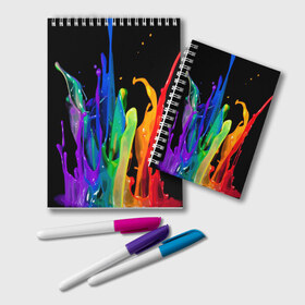 Блокнот с принтом Краски в Белгороде, 100% бумага | 48 листов, плотность листов — 60 г/м2, плотность картонной обложки — 250 г/м2. Листы скреплены удобной пружинной спиралью. Цвет линий — светло-серый
 | Тематика изображения на принте: background | black | bright | paint | rainbow | spectrum | splash | spray | брызги | всплеск | краски | радуга | спектр | фон | черный | яркие