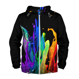 Мужская ветровка 3D с принтом Краски в Белгороде, 100% полиэстер | подол и капюшон оформлены резинкой с фиксаторами, два кармана без застежек по бокам, один потайной карман на груди | Тематика изображения на принте: background | black | bright | paint | rainbow | spectrum | splash | spray | брызги | всплеск | краски | радуга | спектр | фон | черный | яркие