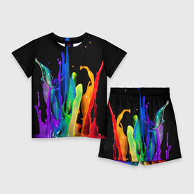 Детский костюм с шортами 3D с принтом Краски в Белгороде,  |  | Тематика изображения на принте: background | black | bright | paint | rainbow | spectrum | splash | spray | брызги | всплеск | краски | радуга | спектр | фон | черный | яркие