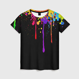 Женская футболка 3D с принтом Краски в Белгороде, 100% полиэфир ( синтетическое хлопкоподобное полотно) | прямой крой, круглый вырез горловины, длина до линии бедер | брызги | капли | кляксы | краски | спектр | яркие