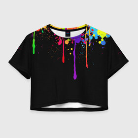 Женская футболка 3D укороченная с принтом Краски в Белгороде, 100% полиэстер | круглая горловина, длина футболки до линии талии, рукава с отворотами | брызги | капли | кляксы | краски | спектр | яркие