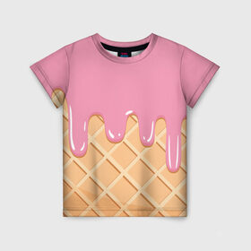 Детская футболка 3D с принтом Я Клубничный Рожок в Белгороде, 100% гипоаллергенный полиэфир | прямой крой, круглый вырез горловины, длина до линии бедер, чуть спущенное плечо, ткань немного тянется | ваниль | вафля | вкус | вкусно | вкусняшка | десерт | жара | капли | клубника | лед | лето | молоко | мороженка | мороженое | пломбир | принт | рожок | сладость | шоколад | эскимо