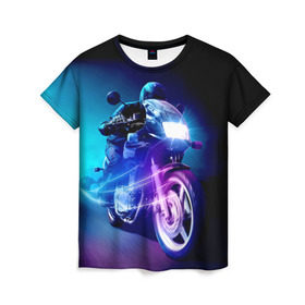 Женская футболка 3D с принтом Мотоциклист в Белгороде, 100% полиэфир ( синтетическое хлопкоподобное полотно) | прямой крой, круглый вырез горловины, длина до линии бедер | city | light | motocross | motorcycle | motorcyclist | night | silhouette | speed | город | мотокросс | мотоцикл | мотоциклист | ночь | свет | силуэт | скорость