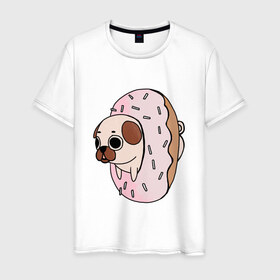 Мужская футболка хлопок с принтом Мопс-пончик в Белгороде, 100% хлопок | прямой крой, круглый вырез горловины, длина до линии бедер, слегка спущенное плечо. | 