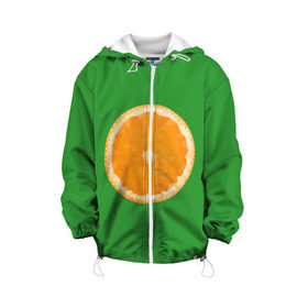 Детская куртка 3D с принтом Низкополигональный апельсин в Белгороде, 100% полиэстер | застежка — молния, подол и капюшон оформлены резинкой с фиксаторами, по бокам — два кармана без застежек, один потайной карман на груди, плотность верхнего слоя — 90 г/м2; плотность флисового подклада — 260 г/м2 | lowpoly | polygonal | апельсин | зеленый | оранджевый | полигон | полигональный | полигоны | яркий