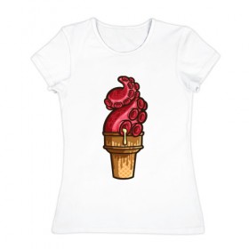 Женская футболка хлопок с принтом Мороженко в Белгороде, 100% хлопок | прямой крой, круглый вырез горловины, длина до линии бедер, слегка спущенное плечо | мороженое | осьминог | рожок | тентакли