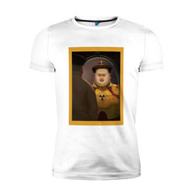 Мужская футболка премиум с принтом Счастливый Ким в Белгороде, 92% хлопок, 8% лайкра | приталенный силуэт, круглый вырез ворота, длина до линии бедра, короткий рукав | ким чен ын | северная корея