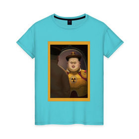 Женская футболка хлопок с принтом Счастливый Ким в Белгороде, 100% хлопок | прямой крой, круглый вырез горловины, длина до линии бедер, слегка спущенное плечо | ким чен ын | северная корея