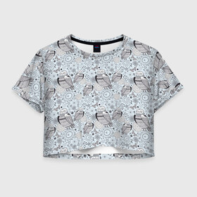 Женская футболка 3D укороченная с принтом Совы в Белгороде, 100% полиэстер | круглая горловина, длина футболки до линии талии, рукава с отворотами | совы