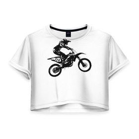 Женская футболка 3D укороченная с принтом Мотокросс в Белгороде, 100% полиэстер | круглая горловина, длина футболки до линии талии, рукава с отворотами | motocross | motorcycle | motorcyclist | silhouette | speed | stencil | мотокросс | мотоцикл | мотоциклист | силуэт | скорость | трафарет