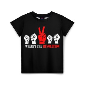 Детская футболка 3D с принтом DM: Where`s the revolution? в Белгороде, 100% гипоаллергенный полиэфир | прямой крой, круглый вырез горловины, длина до линии бедер, чуть спущенное плечо, ткань немного тянется | depeche mode