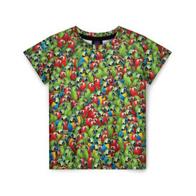 Детская футболка 3D с принтом Попугаи в Белгороде, 100% гипоаллергенный полиэфир | прямой крой, круглый вырез горловины, длина до линии бедер, чуть спущенное плечо, ткань немного тянется | ара | животные | паттрен | попугай | птицы | птички | текстура | тропики