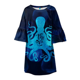 Детское платье 3D с принтом крутой осьминог в Белгороде, 100% полиэстер | прямой силуэт, чуть расширенный к низу. Круглая горловина, на рукавах — воланы | Тематика изображения на принте: вода | море | океан | осьминог | подводный мир | рыбы