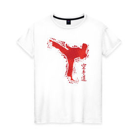 Женская футболка хлопок с принтом Силуэт каратиста в Белгороде, 100% хлопок | прямой крой, круглый вырез горловины, длина до линии бедер, слегка спущенное плечо | иероглифы | каратэ | силуэт | удар | япония