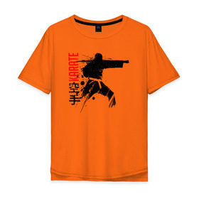 Мужская футболка хлопок Oversize с принтом Силуэт каратиста 2 в Белгороде, 100% хлопок | свободный крой, круглый ворот, “спинка” длиннее передней части | Тематика изображения на принте: боец | карате | каратэ | киокушинкай | силуэт | тайдзюцу