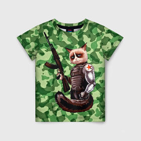 Детская футболка 3D с принтом Воинственный кот в Белгороде, 100% гипоаллергенный полиэфир | прямой крой, круглый вырез горловины, длина до линии бедер, чуть спущенное плечо, ткань немного тянется | Тематика изображения на принте: армия | арт | воин | животные | камуфляж | оружие
