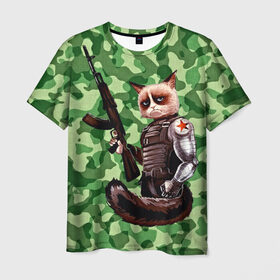 Мужская футболка 3D с принтом Воинственный кот в Белгороде, 100% полиэфир | прямой крой, круглый вырез горловины, длина до линии бедер | Тематика изображения на принте: армия | арт | воин | животные | камуфляж | оружие
