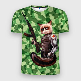 Мужская футболка 3D спортивная с принтом Воинственный кот в Белгороде, 100% полиэстер с улучшенными характеристиками | приталенный силуэт, круглая горловина, широкие плечи, сужается к линии бедра | армия | арт | воин | животные | камуфляж | оружие