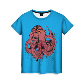 Женская футболка 3D с принтом Осьминог в Белгороде, 100% полиэфир ( синтетическое хлопкоподобное полотно) | прямой крой, круглый вырез горловины, длина до линии бедер | la piovra | octopus | кальмар | лапиовра | морепродукт | морской гад | октопус | осьминог | спрут
