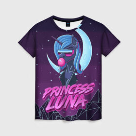Женская футболка 3D с принтом Retrowave Luna в Белгороде, 100% полиэфир ( синтетическое хлопкоподобное полотно) | прямой крой, круглый вырез горловины, длина до линии бедер | 8 bit | 8 бит | alicorn | luna | moon | mountain | my little pony | pixel | pony | princess luna | retrowave | synthwave | unicorn | горы | луна | пиксель арт | пони | ретровейв