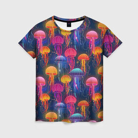 Женская футболка 3D с принтом Медузы в Белгороде, 100% полиэфир ( синтетическое хлопкоподобное полотно) | прямой крой, круглый вырез горловины, длина до линии бедер | лето | медузы | море | океан. рыбы | подводный мир