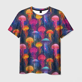 Мужская футболка 3D с принтом Медузы в Белгороде, 100% полиэфир | прямой крой, круглый вырез горловины, длина до линии бедер | Тематика изображения на принте: лето | медузы | море | океан. рыбы | подводный мир
