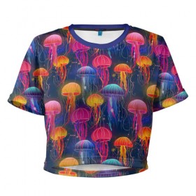Женская футболка 3D укороченная с принтом Медузы в Белгороде, 100% полиэстер | круглая горловина, длина футболки до линии талии, рукава с отворотами | лето | медузы | море | океан. рыбы | подводный мир