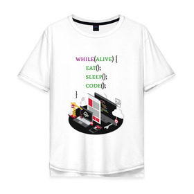 Мужская футболка хлопок Oversize с принтом Code while alive в Белгороде, 100% хлопок | свободный крой, круглый ворот, “спинка” длиннее передней части | code | dev | developer | development | lifestyle | код | программа | программирование | программист | разработка | разработчик | стиль жизни