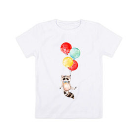 Детская футболка хлопок с принтом Енот в Белгороде, 100% хлопок | круглый вырез горловины, полуприлегающий силуэт, длина до линии бедер | акварель | бабочка | воздушный | иллюстрация | илюстрация | полет | рисунок | шарик