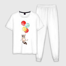 Мужская пижама хлопок с принтом Енот в Белгороде, 100% хлопок | брюки и футболка прямого кроя, без карманов, на брюках мягкая резинка на поясе и по низу штанин
 | акварель | бабочка | воздушный | иллюстрация | илюстрация | полет | рисунок | шарик