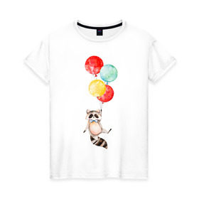 Женская футболка хлопок с принтом Енот в Белгороде, 100% хлопок | прямой крой, круглый вырез горловины, длина до линии бедер, слегка спущенное плечо | акварель | бабочка | воздушный | иллюстрация | илюстрация | полет | рисунок | шарик