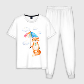 Мужская пижама хлопок с принтом Лис в Белгороде, 100% хлопок | брюки и футболка прямого кроя, без карманов, на брюках мягкая резинка на поясе и по низу штанин
 | Тематика изображения на принте: акварель | зонт | иллюстрация | облака