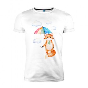 Мужская футболка премиум с принтом Лис в Белгороде, 92% хлопок, 8% лайкра | приталенный силуэт, круглый вырез ворота, длина до линии бедра, короткий рукав | акварель | зонт | иллюстрация | облака