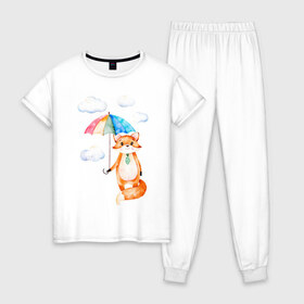 Женская пижама хлопок с принтом Лис в Белгороде, 100% хлопок | брюки и футболка прямого кроя, без карманов, на брюках мягкая резинка на поясе и по низу штанин | акварель | зонт | иллюстрация | облака