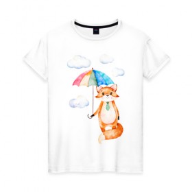 Женская футболка хлопок с принтом Лис в Белгороде, 100% хлопок | прямой крой, круглый вырез горловины, длина до линии бедер, слегка спущенное плечо | акварель | зонт | иллюстрация | облака
