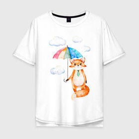 Мужская футболка хлопок Oversize с принтом Лис в Белгороде, 100% хлопок | свободный крой, круглый ворот, “спинка” длиннее передней части | Тематика изображения на принте: акварель | зонт | иллюстрация | облака
