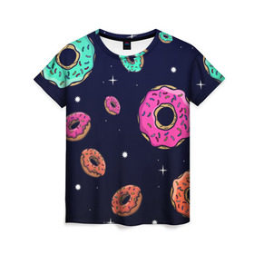 Женская футболка 3D с принтом Black Milk Космические Пончики в Белгороде, 100% полиэфир ( синтетическое хлопкоподобное полотно) | прямой крой, круглый вырез горловины, длина до линии бедер | black milk | donut | donuts | space | the simpsons | trend | глазурь | дизайн | еда | звезда | звёзды | космос | мода | пончик | симпсоны | симсоны | сладкий | стиль | тренд | узор