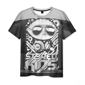 Мужская футболка 3D с принтом Black Milk Stereo Kids в Белгороде, 100% полиэфир | прямой крой, круглый вырез горловины, длина до линии бедер | Тематика изображения на принте: black milk | dj | kids | stereo | дети | дизайн | камуфляж | малыш | мода | наушники | ноты | очки | ребёнок | стерео | стиль