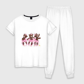 Женская пижама хлопок с принтом Балерины в Белгороде, 100% хлопок | брюки и футболка прямого кроя, без карманов, на брюках мягкая резинка на поясе и по низу штанин | акварель | игрушка | медведь | пачка | плюшевый | пуанты | рисунок | розовый | сердце | теди