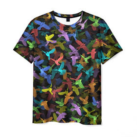 Мужская футболка 3D с принтом Разноцветные птички в Белгороде, 100% полиэфир | прямой крой, круглый вырез горловины, длина до линии бедер | Тематика изображения на принте: ворбьи | куча | паттерн | птица | птицы | радуга | радужный | синцы | стая | текстура