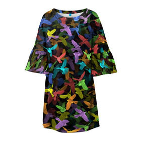 Детское платье 3D с принтом Разноцветные птички в Белгороде, 100% полиэстер | прямой силуэт, чуть расширенный к низу. Круглая горловина, на рукавах — воланы | Тематика изображения на принте: ворбьи | куча | паттерн | птица | птицы | радуга | радужный | синцы | стая | текстура